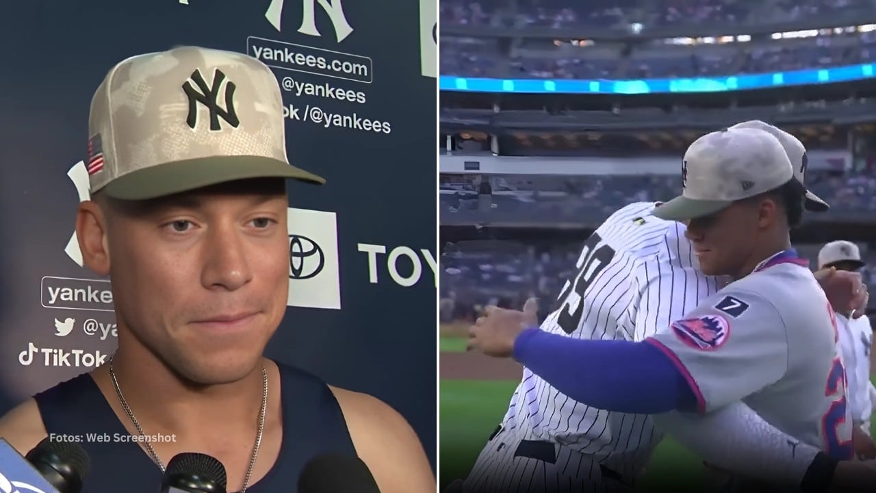 Aaron Judge en una entrevista y abrazando a Juan Soto