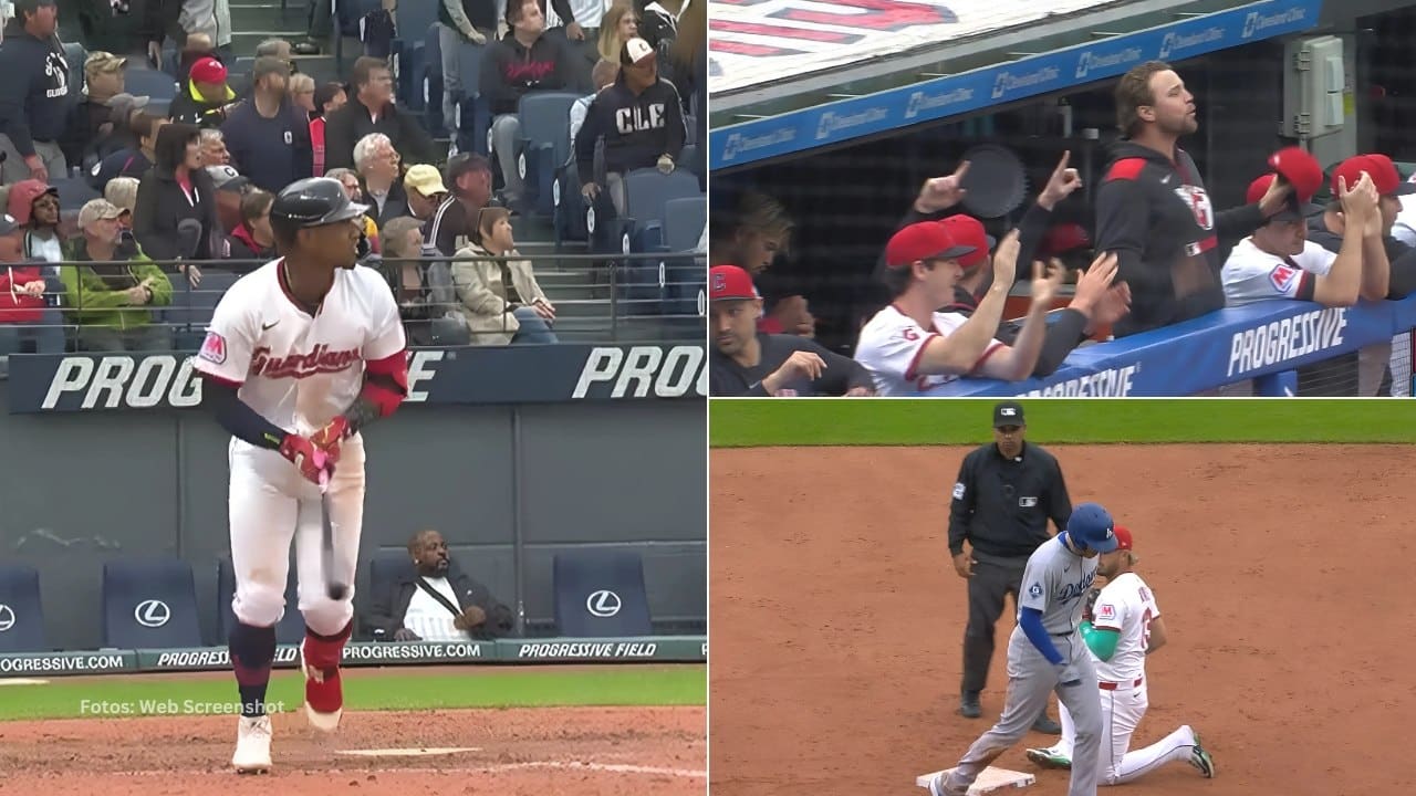Angel Martinez recorriendo las bases tras jonrón, jugadores de Cleveland Guardians celebran y Freddie Freeman con Los Angeles Dodgers