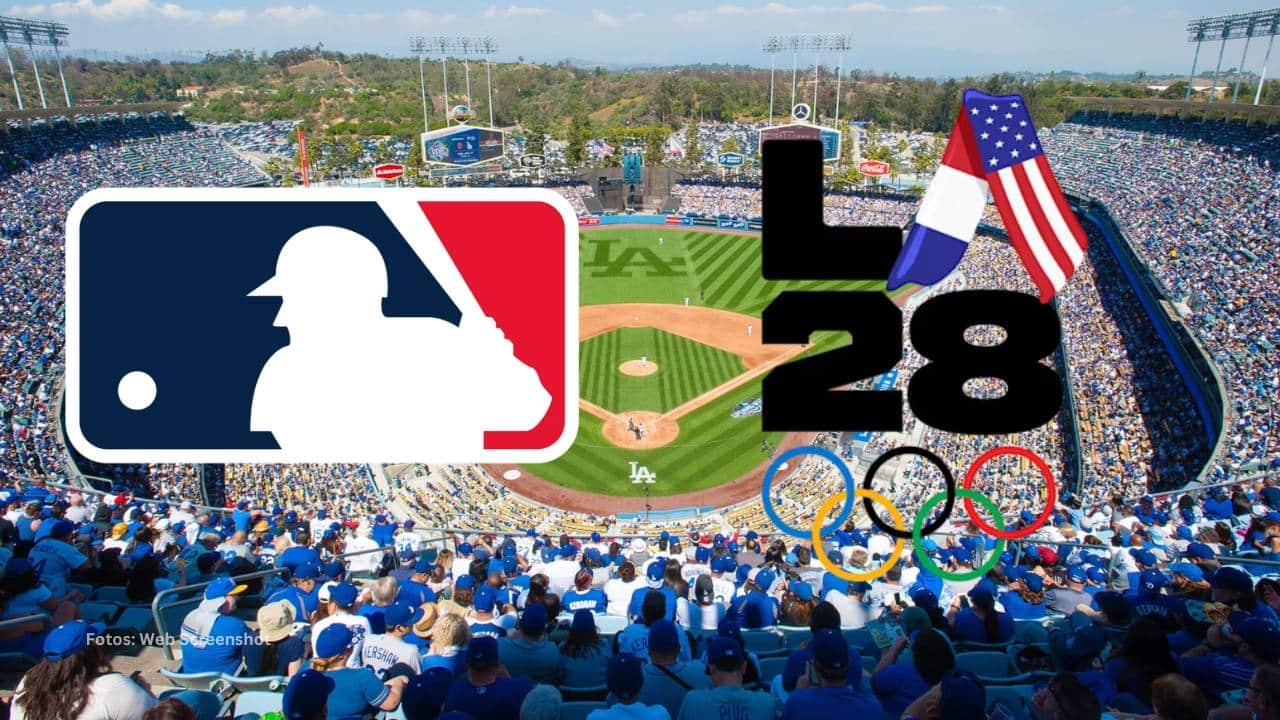 Logo de MLB y de los Juegos Olímpicos de Los Angeles 2028 con el Dodger Stadium de fondo
