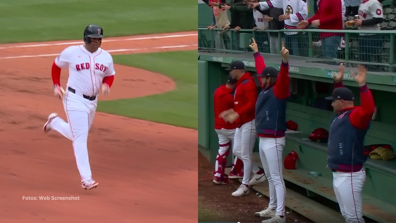 Rafael Devers recorre las bases tras jonrón y el dugout de Boston Red Sox celebra