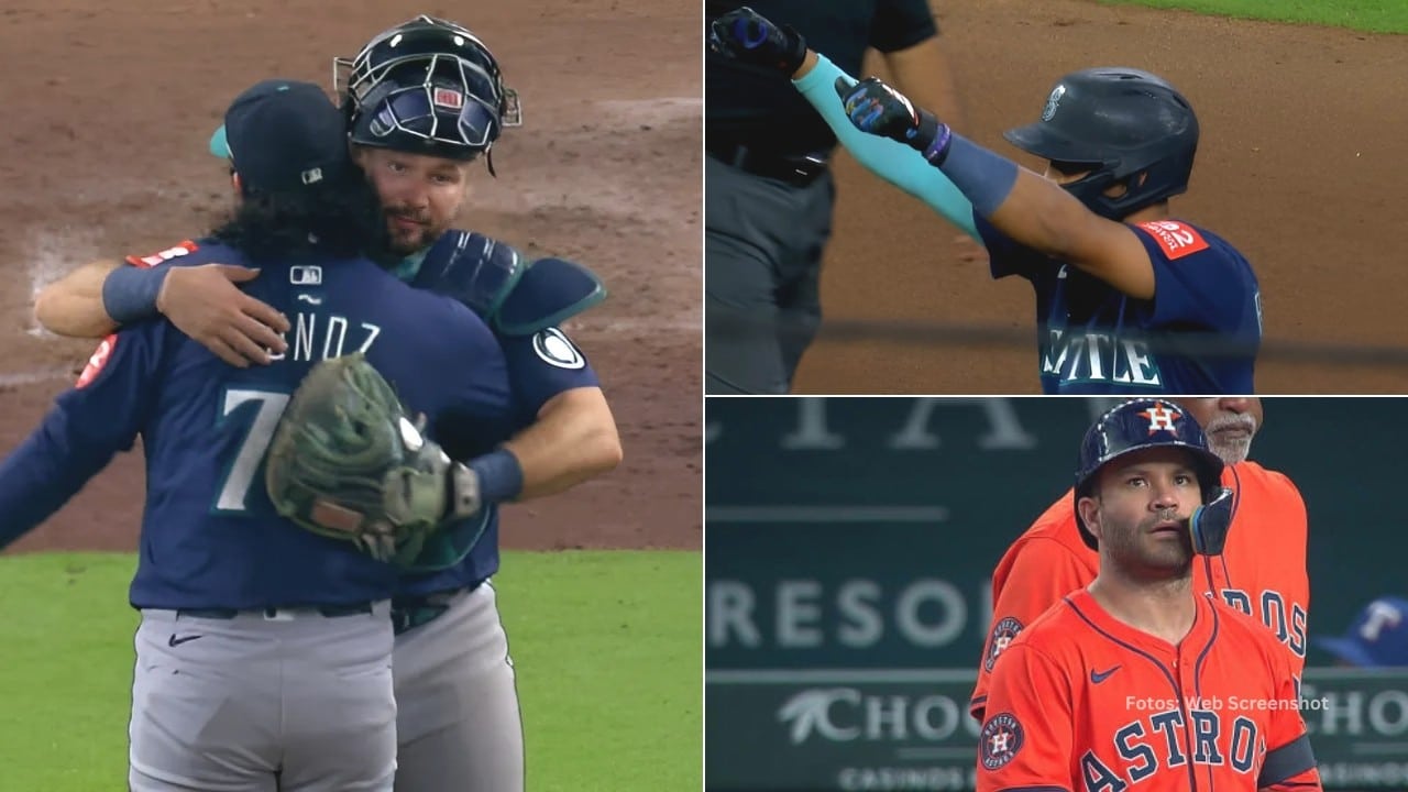 Jugadores de Seattle Mariners celebran la victoria, Julio Rodriguez en segunda tras doble y Jose Altuve con Houston Astros