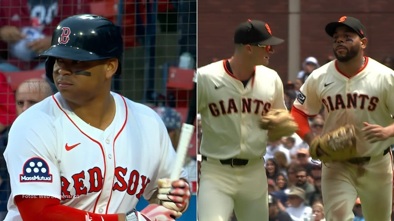 Rafael Devers con Boston Red Sox y jugadores de San Francisco Giants